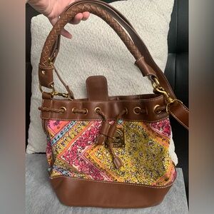 American Living Vintage Leather &Canvas Paisley Floral Crossbody Bucket Bag NWOT